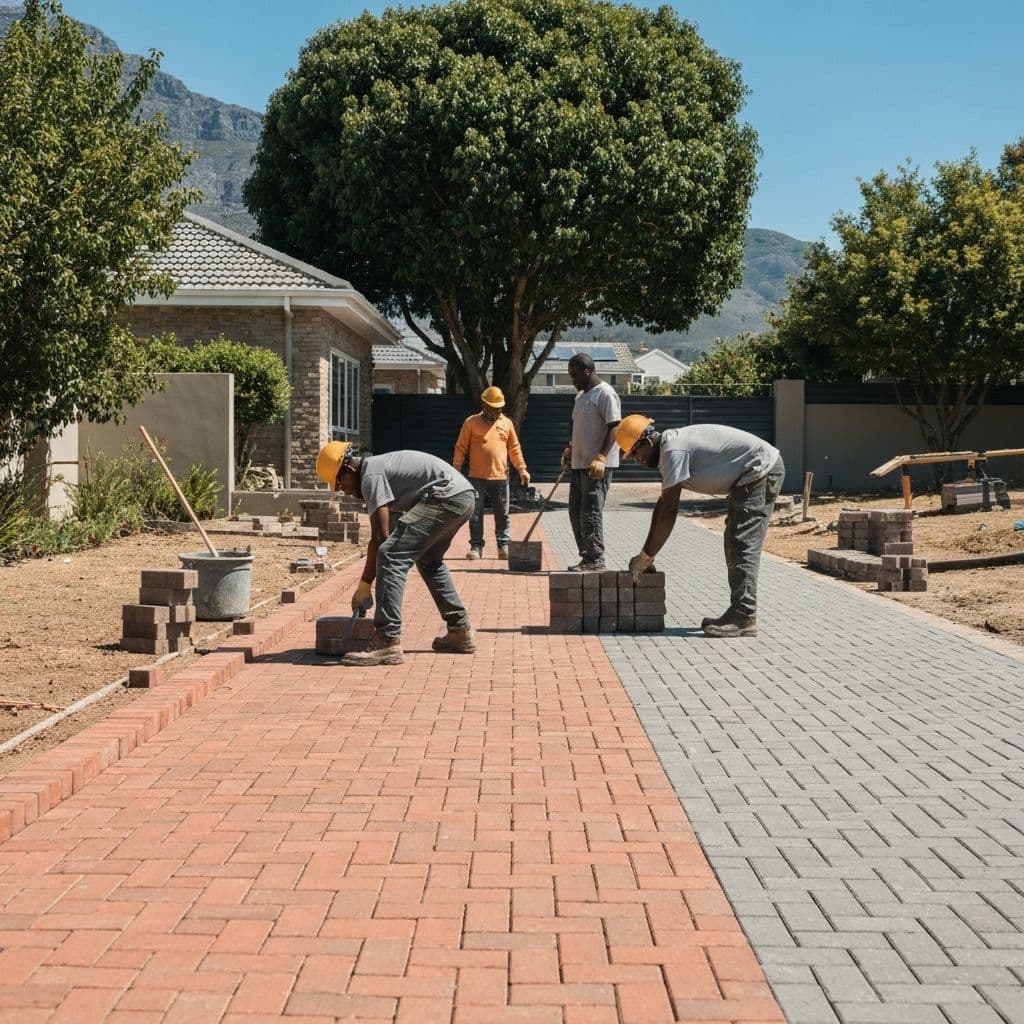 Desa Contractors team laying brick pavers